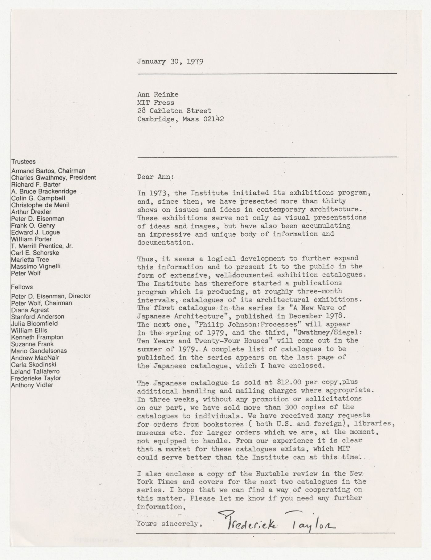 Letter from Frederieke Taylor to Ann Reinke about possible involvement of MIT Press in IAUS's exhibition catalogue program