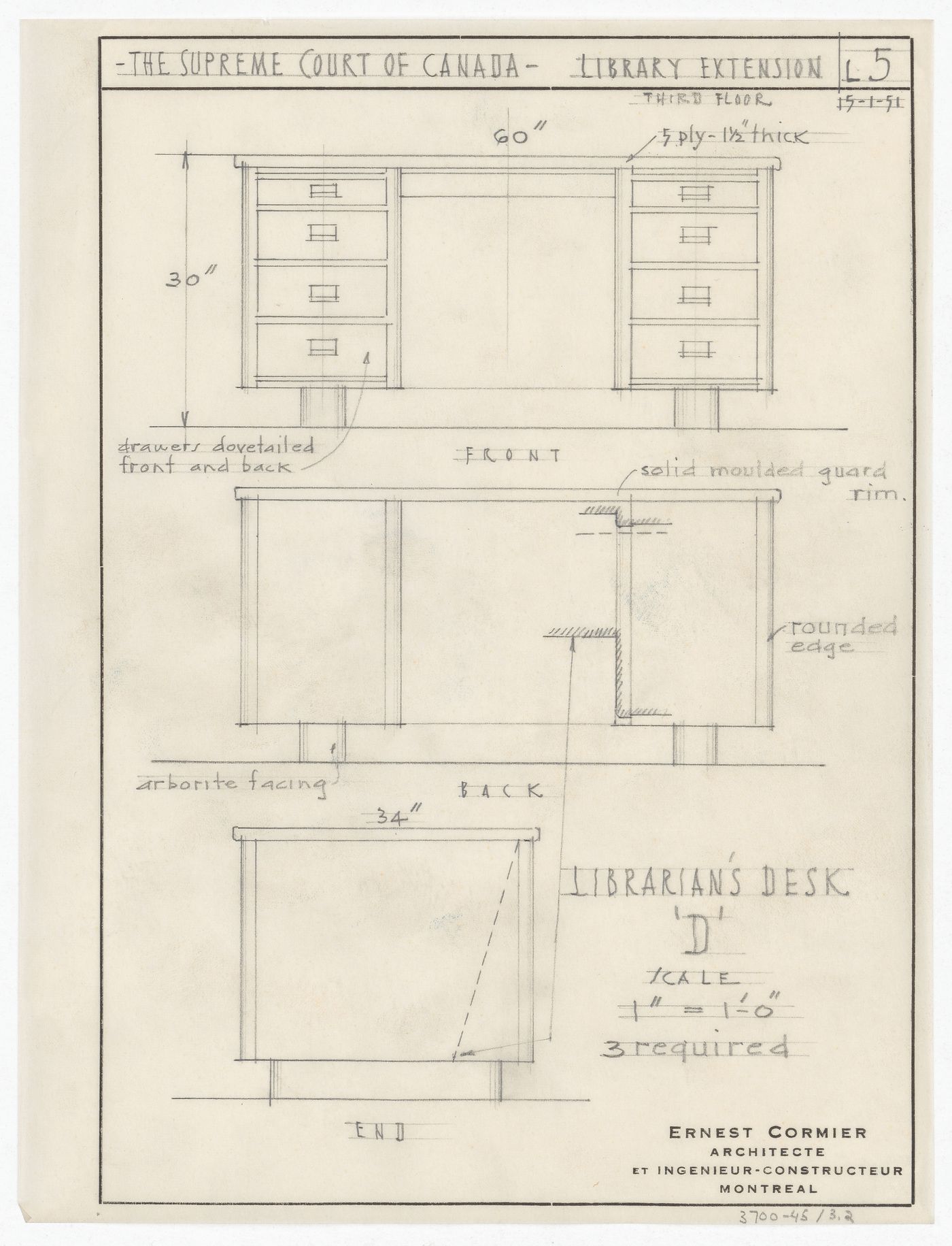 Élévations du bureau de bibliothécaires "D" pour Cour suprême du Canada, Ottawa, Ontario