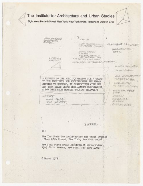 Cover page of request to the Ford Foundation for a grant to develop a Low-Rise High-Density (LRHD) prototype with annotations by Peter D. Eisenman