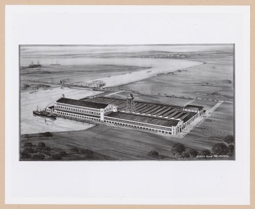Photograph of a bird's-eye perspective drawing for the Assembly Building, Ford Motor Company Automobile Assembly Plant, Long Beach, California