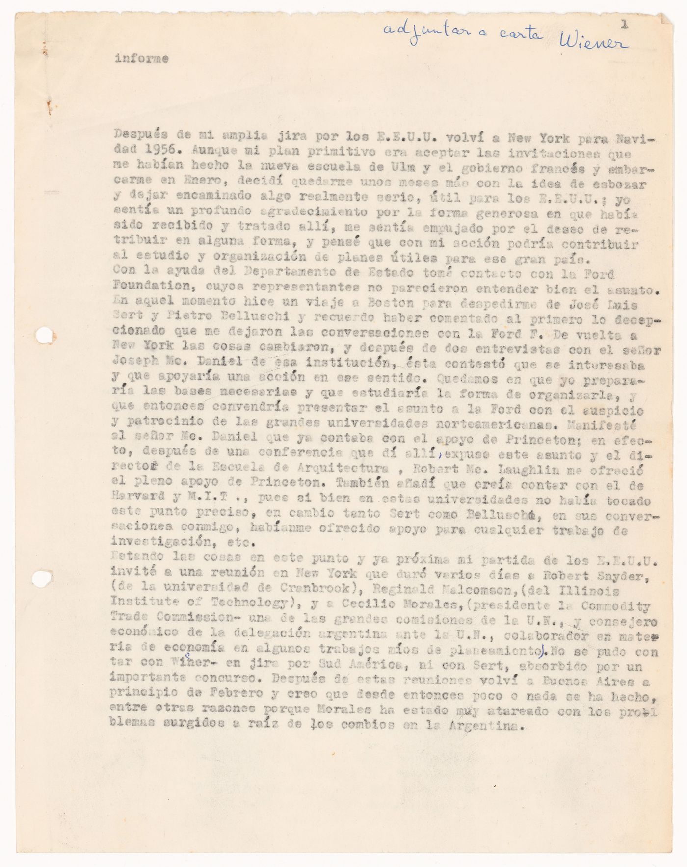 Correspondence, letter to Paul Leister Weiner from Amancio Williams