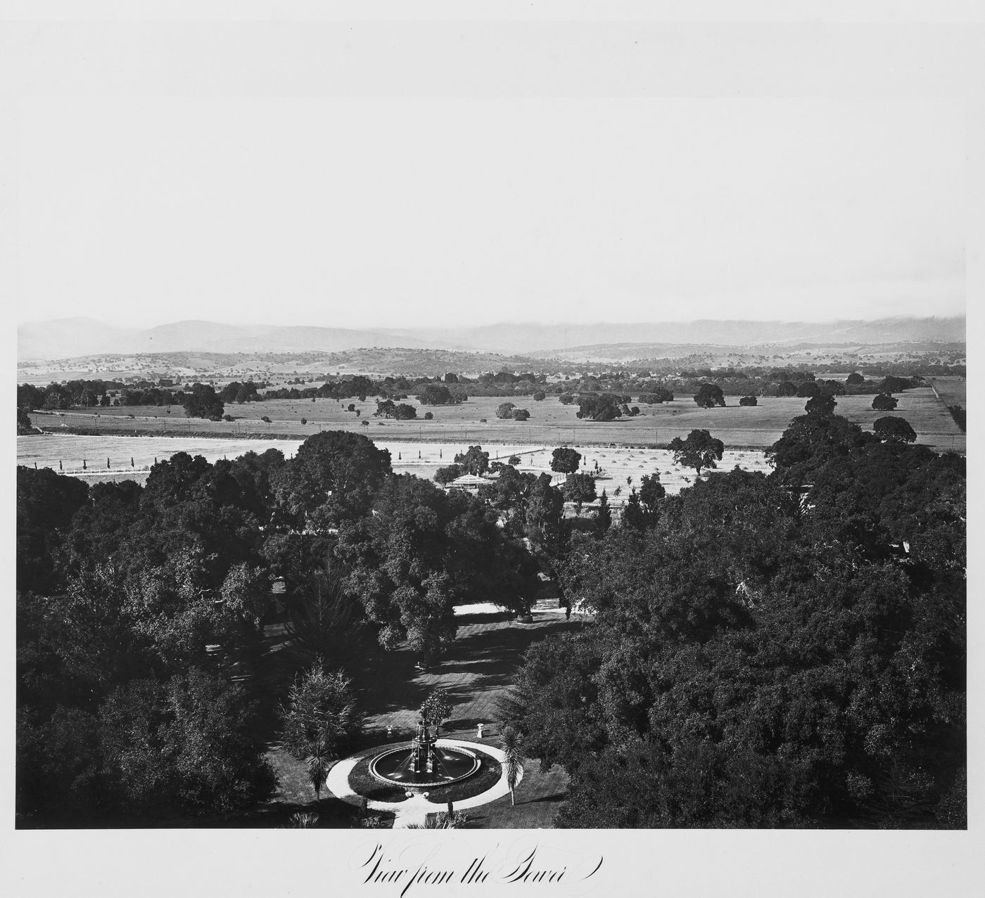 View of the estate grounds from the tower of the house, Thurlow Lodge, Menlo Park, California