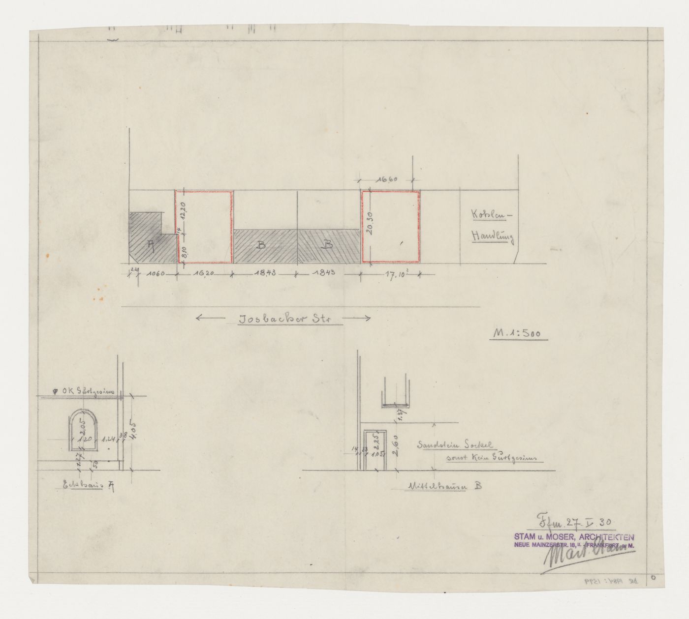 Site plan and partial elevations for houses, Josbacher Strasse, Frankfurt am Main, Germany