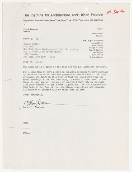 Letter from Peter D. Eisenman to George Dudley with attached draft text for IAUS brochure