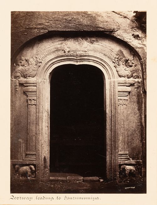 View of the temple doorway from the portico, Isurumuniya Temple, Anuradhapura, Ceylon (now Sri Lanka)