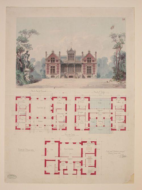 Rendering and plans for a chalet-style house