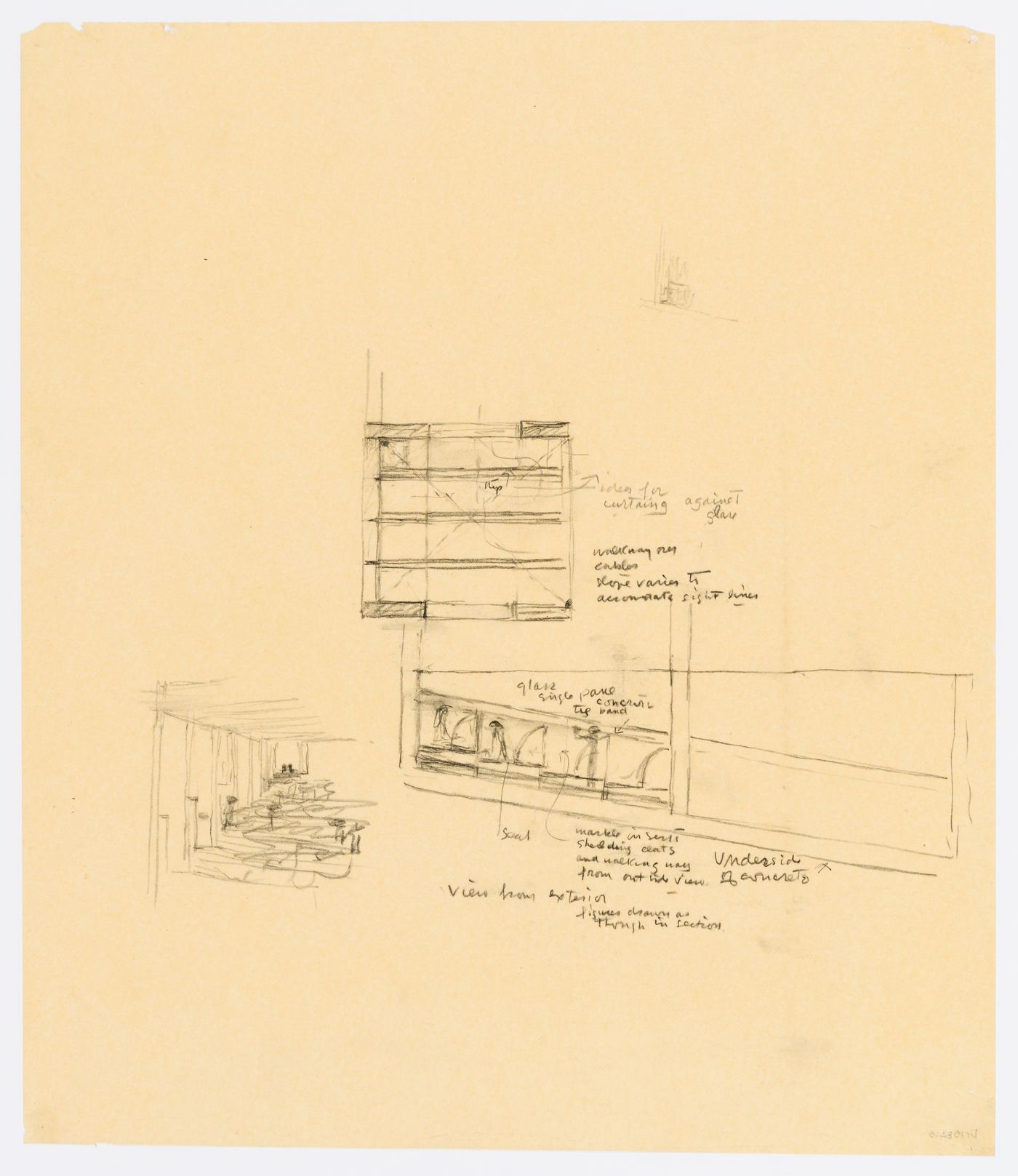 Partial section, exterior view and interior view for the Palazzo dei Congressi, Venice, Italy