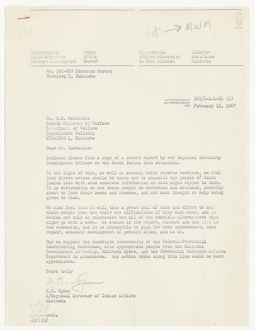 Letter from N. K. Ogden to K. O. Mackenzie with attached visit report by Regional Community Development Officher about South Indian Lake, Manitoba