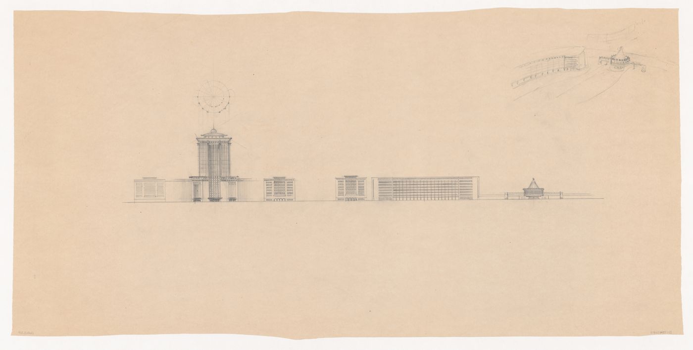 Street elevation for the reconstruction of the Hofplein showing Industriegebouw Plan B, other mixed-use developments, and Café Viaduct, plan for Industriegebouw Plan B, and a bird's-eye sketch perspective for Café Viaduct, Rotterdam, Netherlands