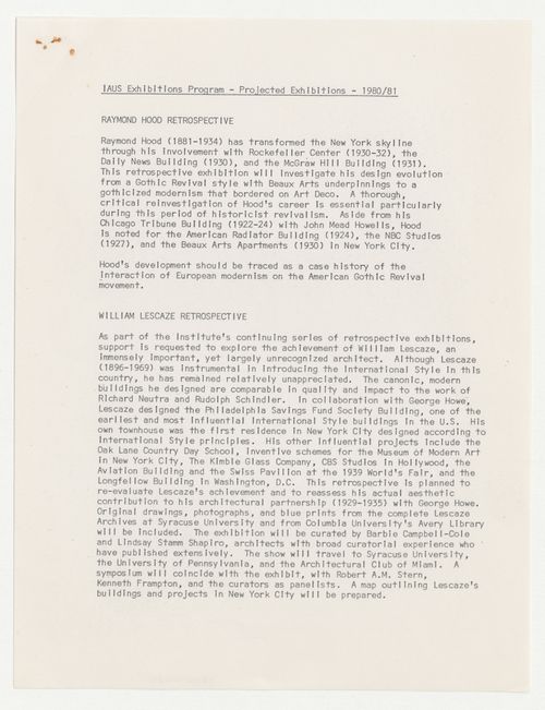 Projected exhibitions for Exhibitions Program for financial year 1980-1981