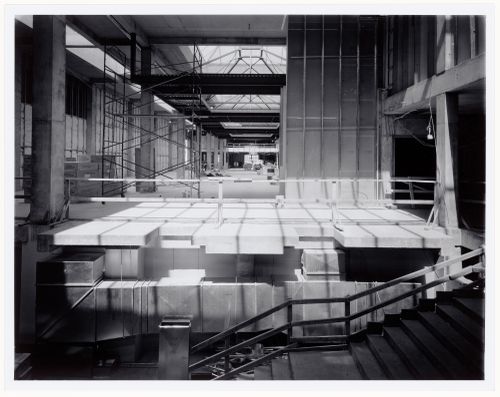 Interior view of the main exhibition galleries from across the Entrance Court, Canadian Centre for Architecture under construction, Montréal, Québec