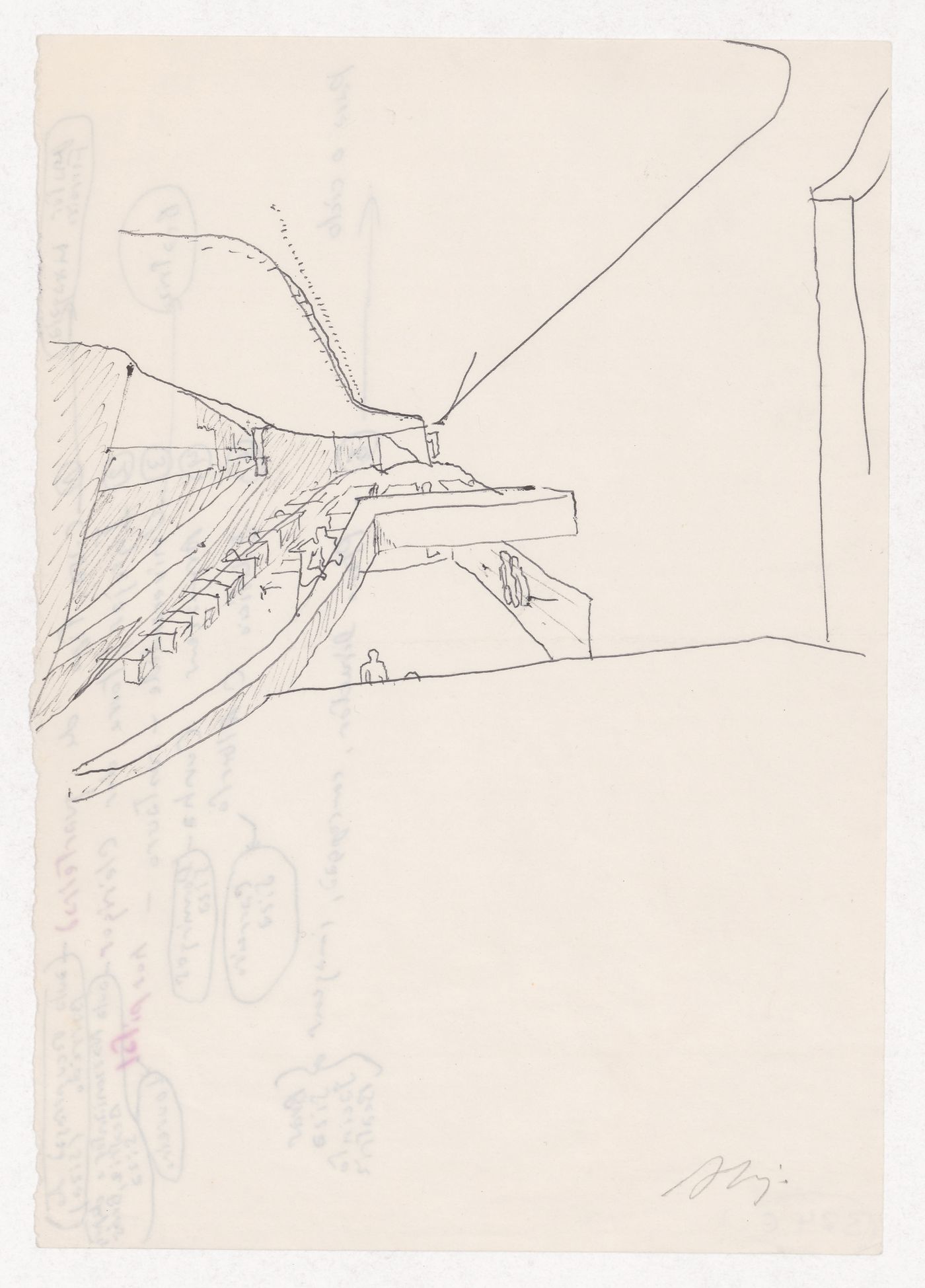 Sketch interior perspective for Banco Borges & Irmão II, Vila do Conde, Portugal; verso: unrelated notes