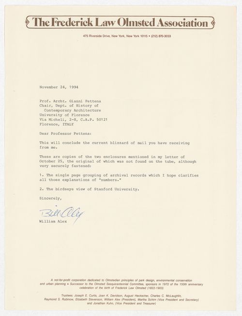 Correspondence with William Alex from The Frederick Law Olmsted Association for the exhibition Olmsted: L'origine del parco urbano e del parco naturale contemporaneo