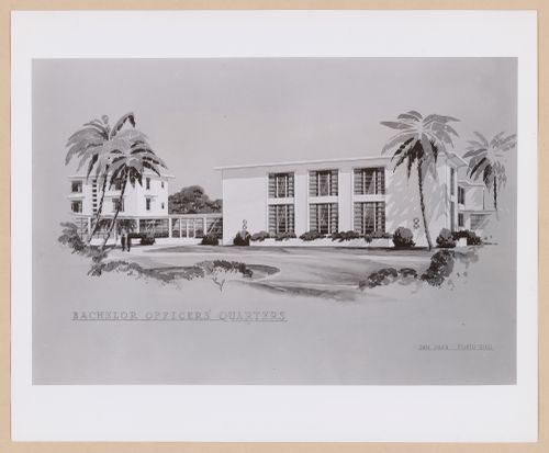 Photograph of a perspective drawing for or of the Bachelor Officers' Quarters, United States Naval Air Base, San Juan, Puerto Rico