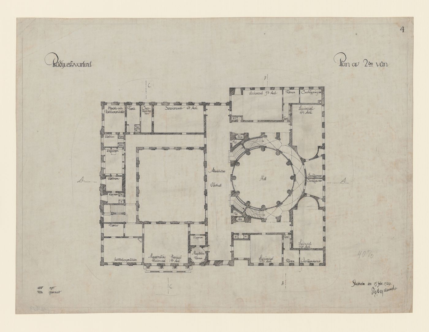 Second [?] floor plan for the 1918-1925 design for the Göteborgs rådhusets tillbyggnad [courthouse annex], Gustaf Adolfs torg [square], Göteborg, Sweden