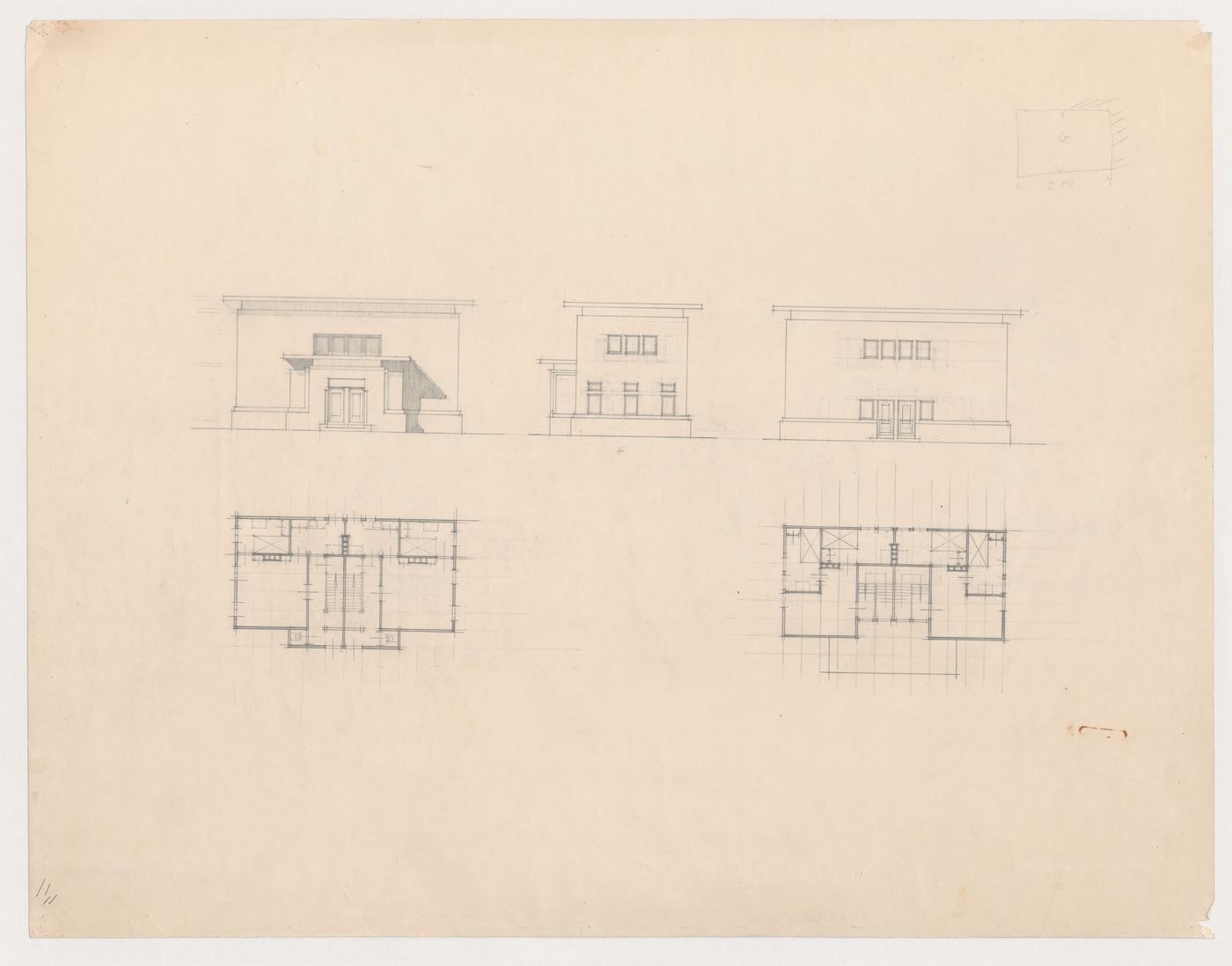 Elevations and plans for a double worker's dwelling in reinforced concrete, Rotterdam, Netherlands