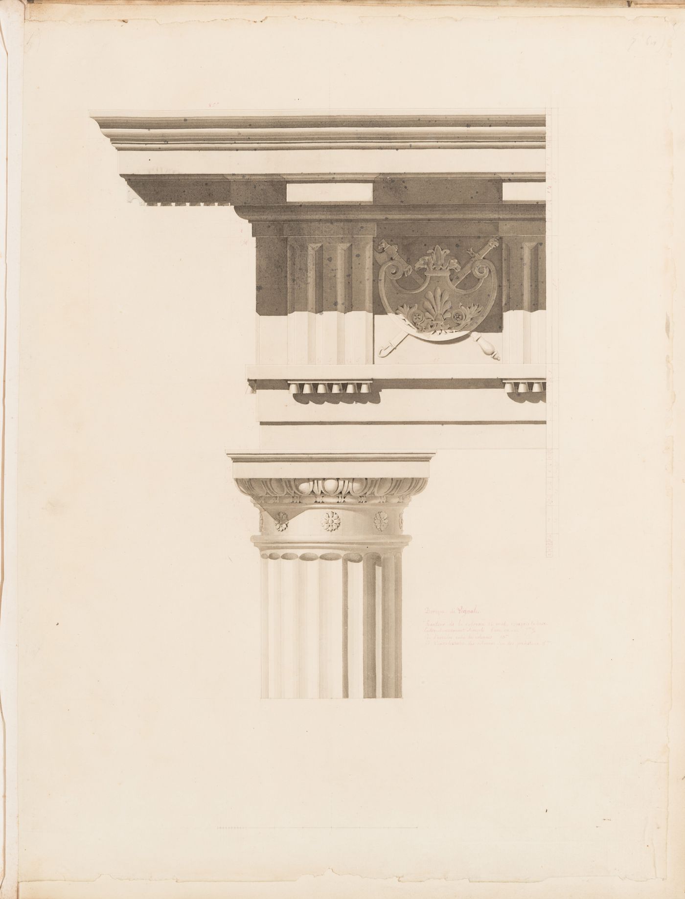 Partial elevation of a Doric shaft, capital, and entablature after Vignola