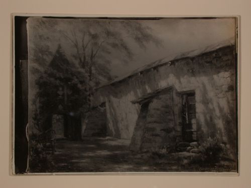 Photograph of a painting of a buttressed wall