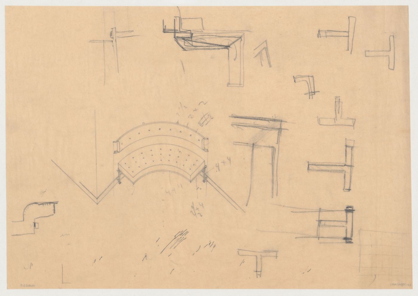 Axonometric and details for a built-in hall bench for Villa Allegonda, Katwijk aan Zee, Netherlands