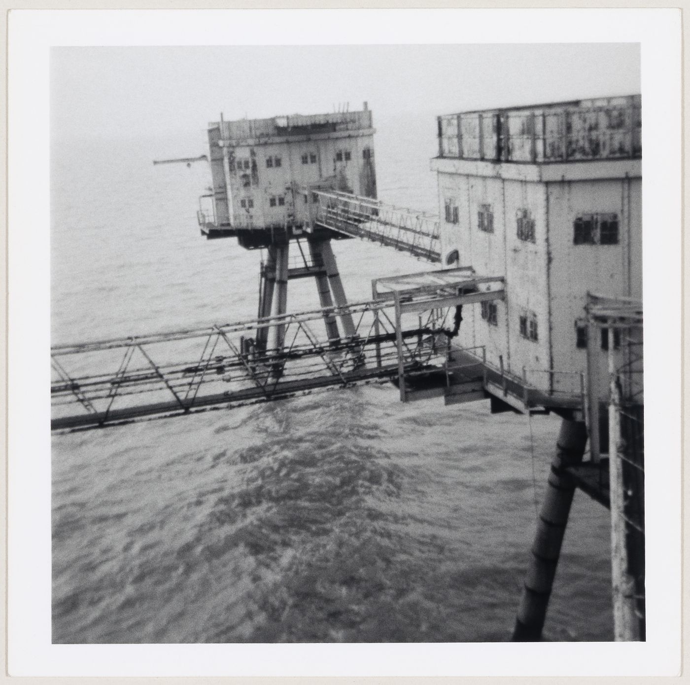 View of the control tower and Bofors-gun tower at the Red Sands Fort in the Thames River Estuary