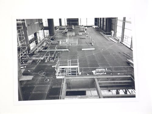 View of floor grates during construction of power station, from interior, United Kingdom
