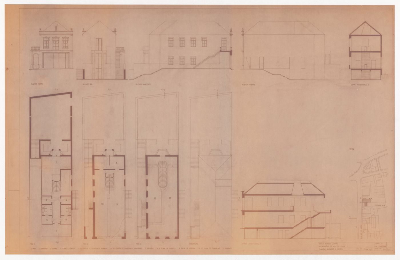 Floor plans, sections, elevations, and site plan for Banco Borges & Irmão I, projecto de recuperação, Vila do Conde, Portugal