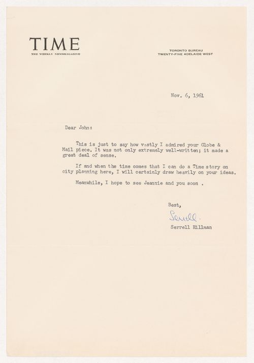 Letter from Serrell Hillman to Parkin expressing admiration for the Globe and Mail piece