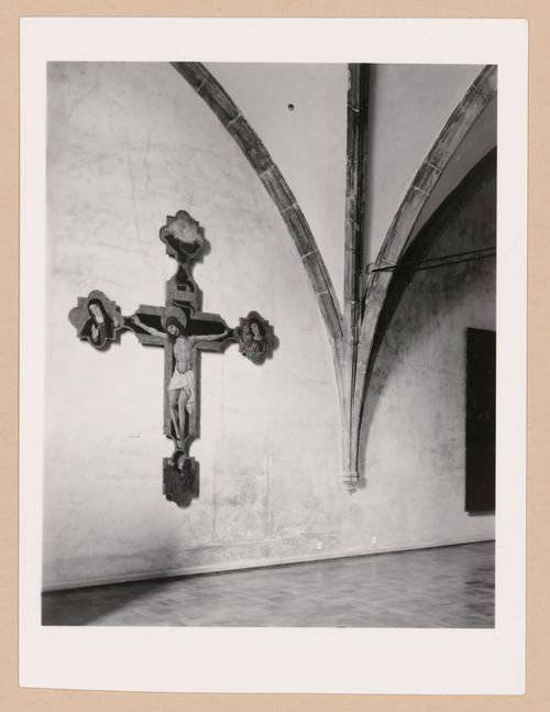 Interior view of a gallery showing a freestanding painted crucifix, Palazzo Abatellis, Galleria regionale della Sicilia, Palermo, Italy