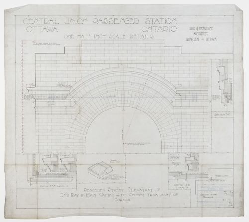 Besserer street elevation with sections and isometric for Central Union Passenger Station, Ottawa, Ontario