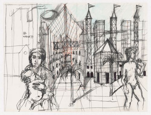 Perspective Sketch for Centro Direzionale, Florence, with sketches of statues of David and of the Virgin and Child