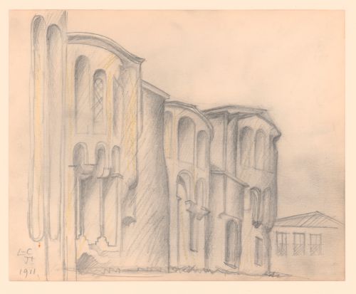 Copy after Le Corbusier, perspective sketch of the exterior apses of the Kilisse Mosque, or Church of the Pantocrator, Istanbul