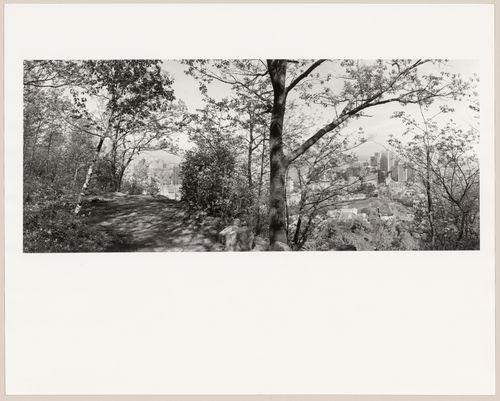 View along pathways looking southeast over Montréal, Mount Royal, Montréal, Québec