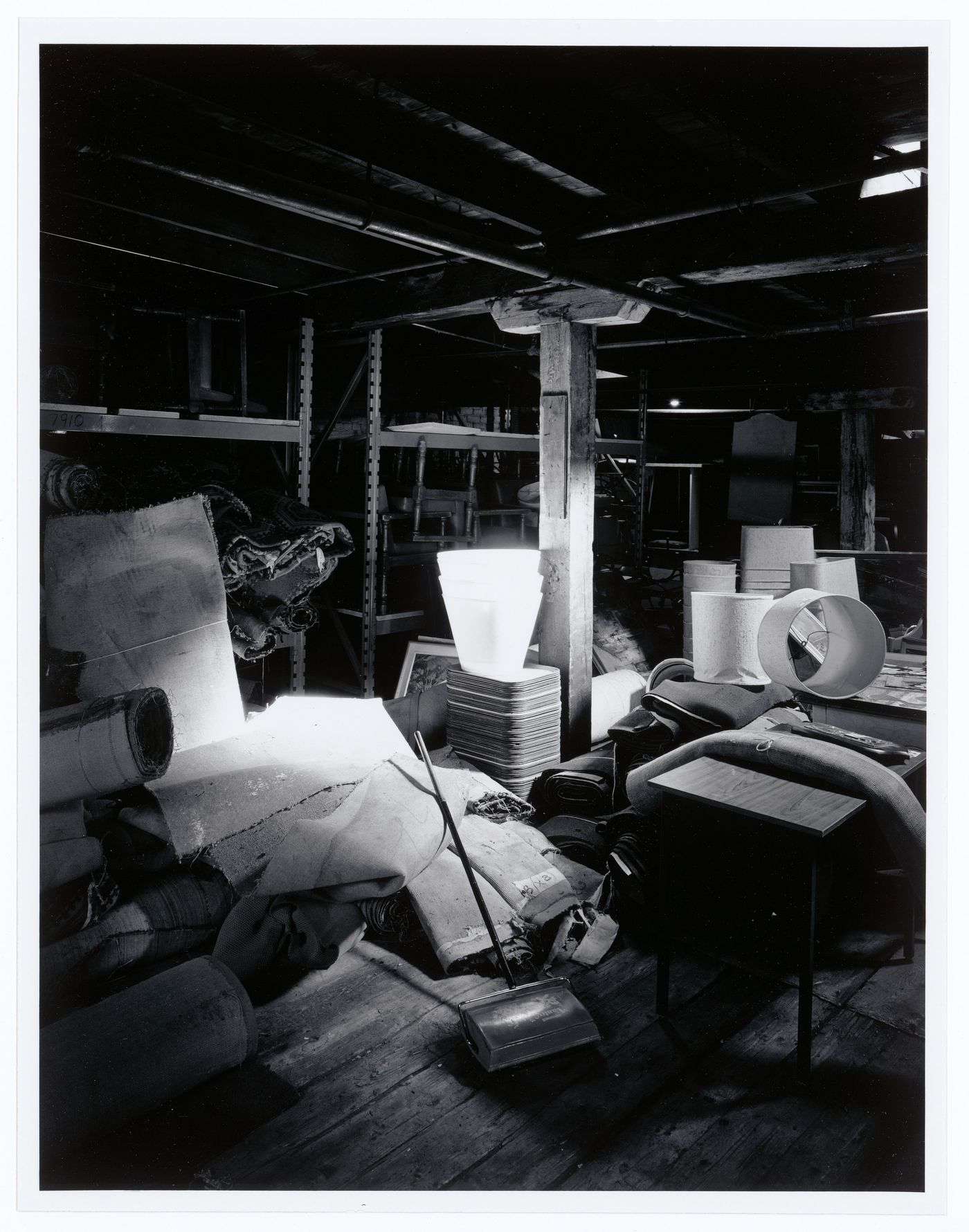 Interior view of the fourth floor of Smith Street Warehouse showing a storage area stocked with lampshades, Montréal, Québec