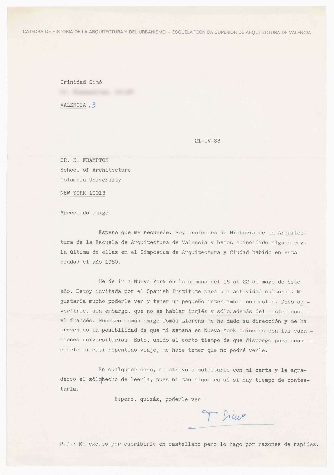 Letter from Trinidad Simó to Kenneth Frampton