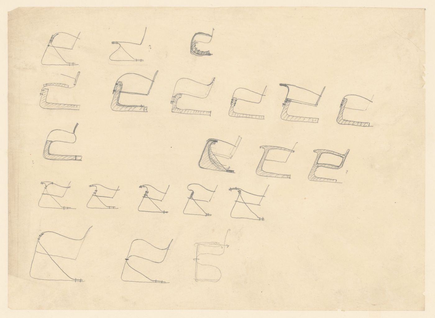 Twenty-one studies for a cantilevered chair (Brno chair variations)