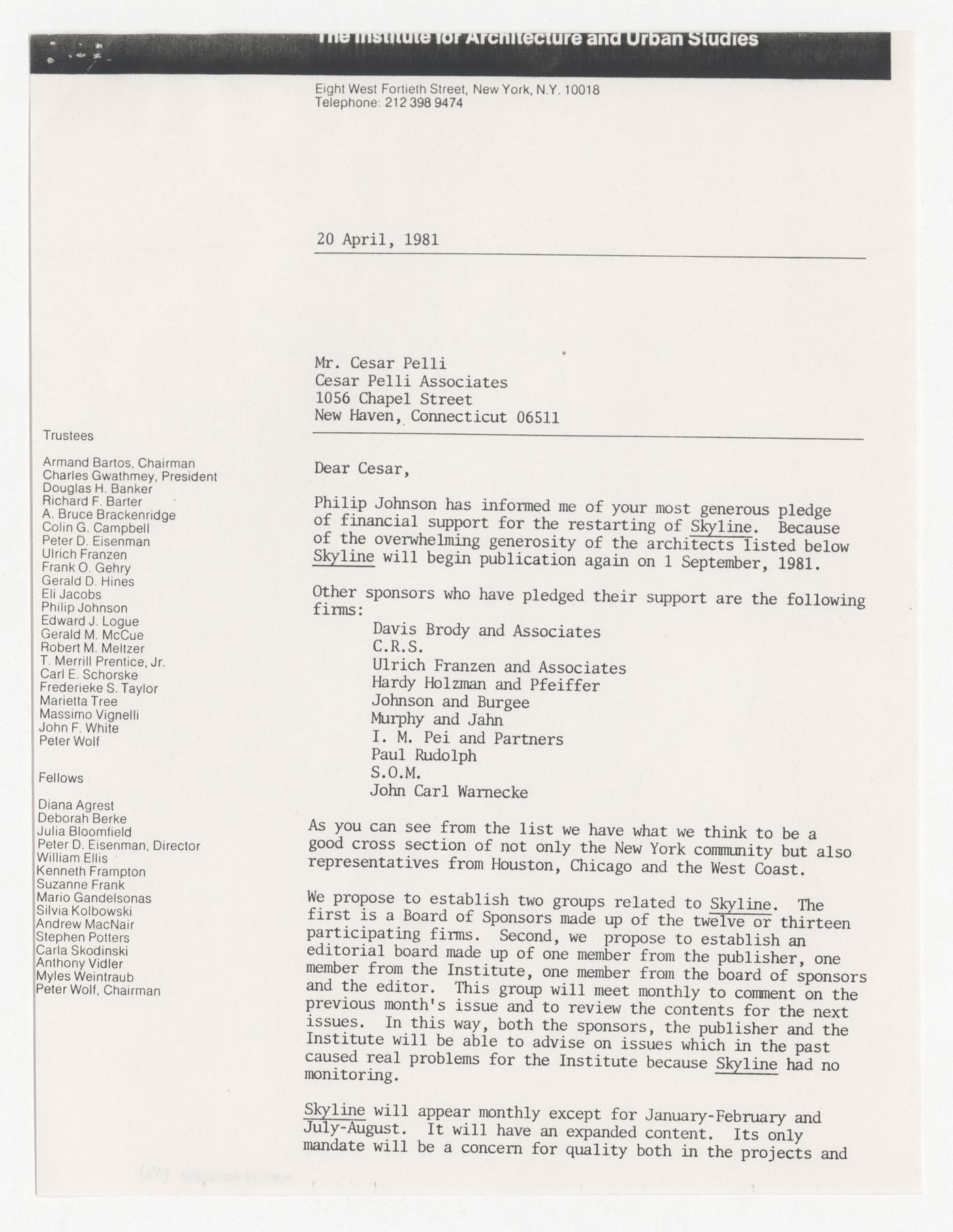 Letter from Peter D. Eisenman to Cesar Pelli about sponsorship for Skyline