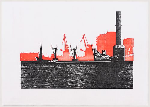 Duck Land: view of the site from the Elbe looking north, with areas proposed for demolition in red