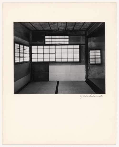 Interior view of the tea-ceremony room of the Shokintei showing the Kneeling Entrance and closed windows, Katsura Rikyu (also known as Katsura Imperial Villa), Kyoto, Japan