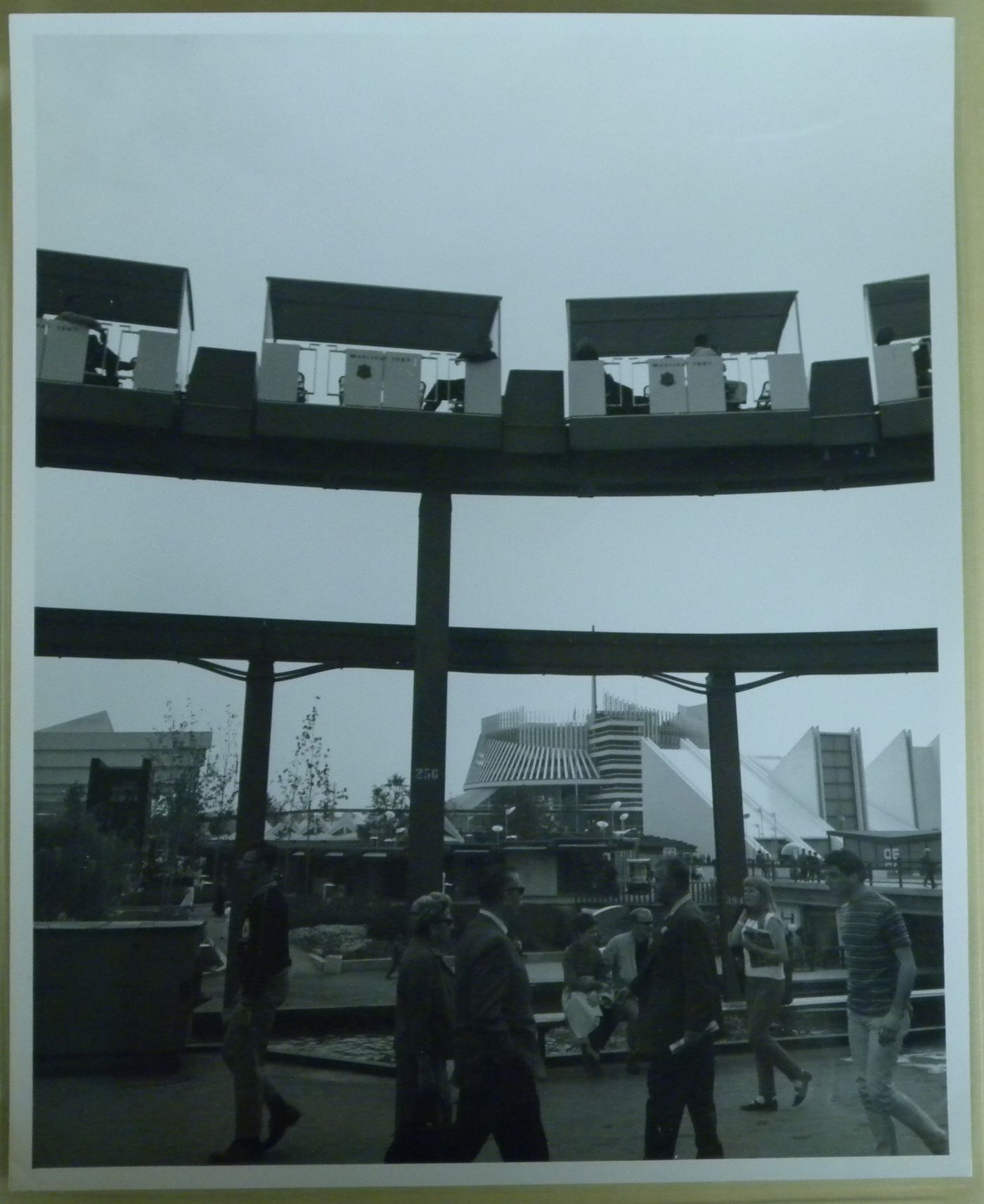 View of the minirail with the Pavilion of France as background, Expo 67, Montréal, Québec