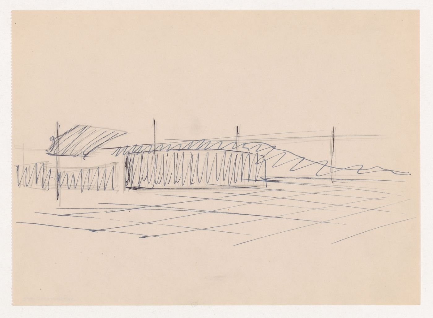 Interior perspective sketch for Museum for a Small City showing the auditorium with suspended ceiling