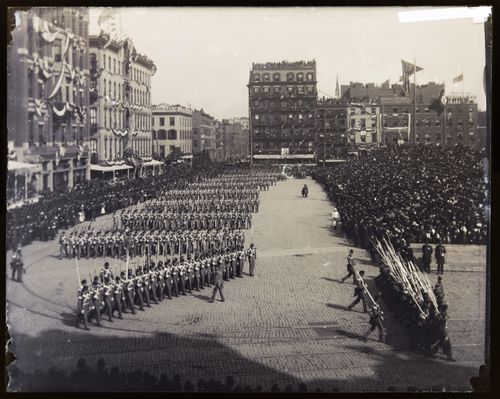 Elevated view of a United States Army military parade in New York, New York, United States of America