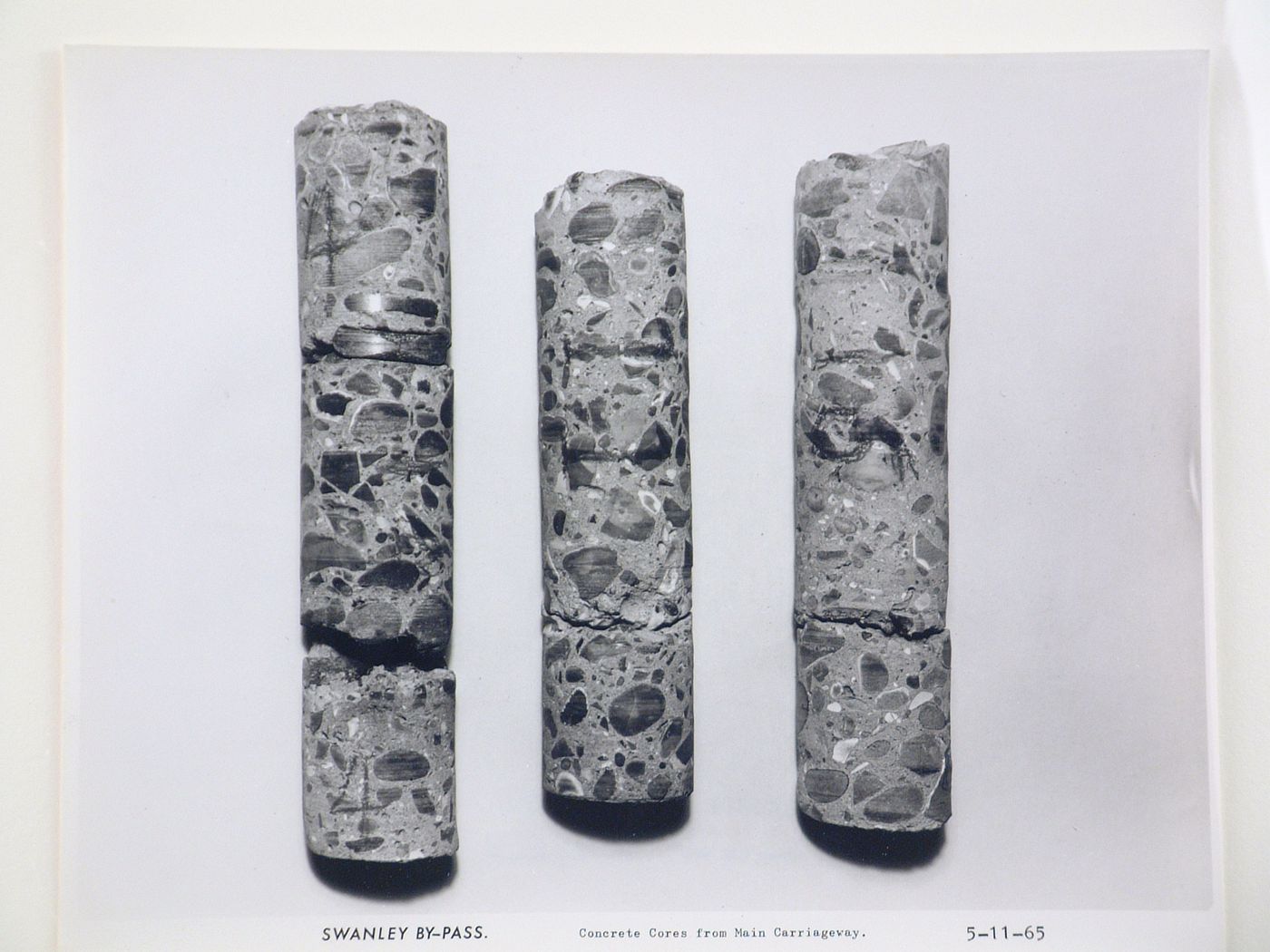 Studio view of concrete cores from main carriageway of the Swanley Bypass, England