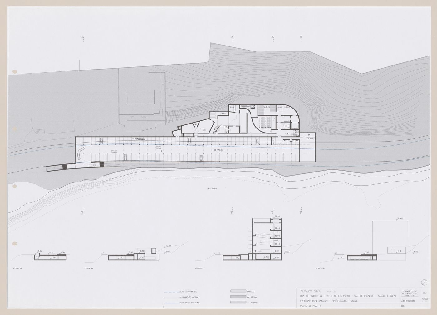 Plan with sections for C. Cultural e Audit. para a Fundação Iberê  Camargo [Iberê  Camargo Foundation Museum], Porto Alegre, Brazil