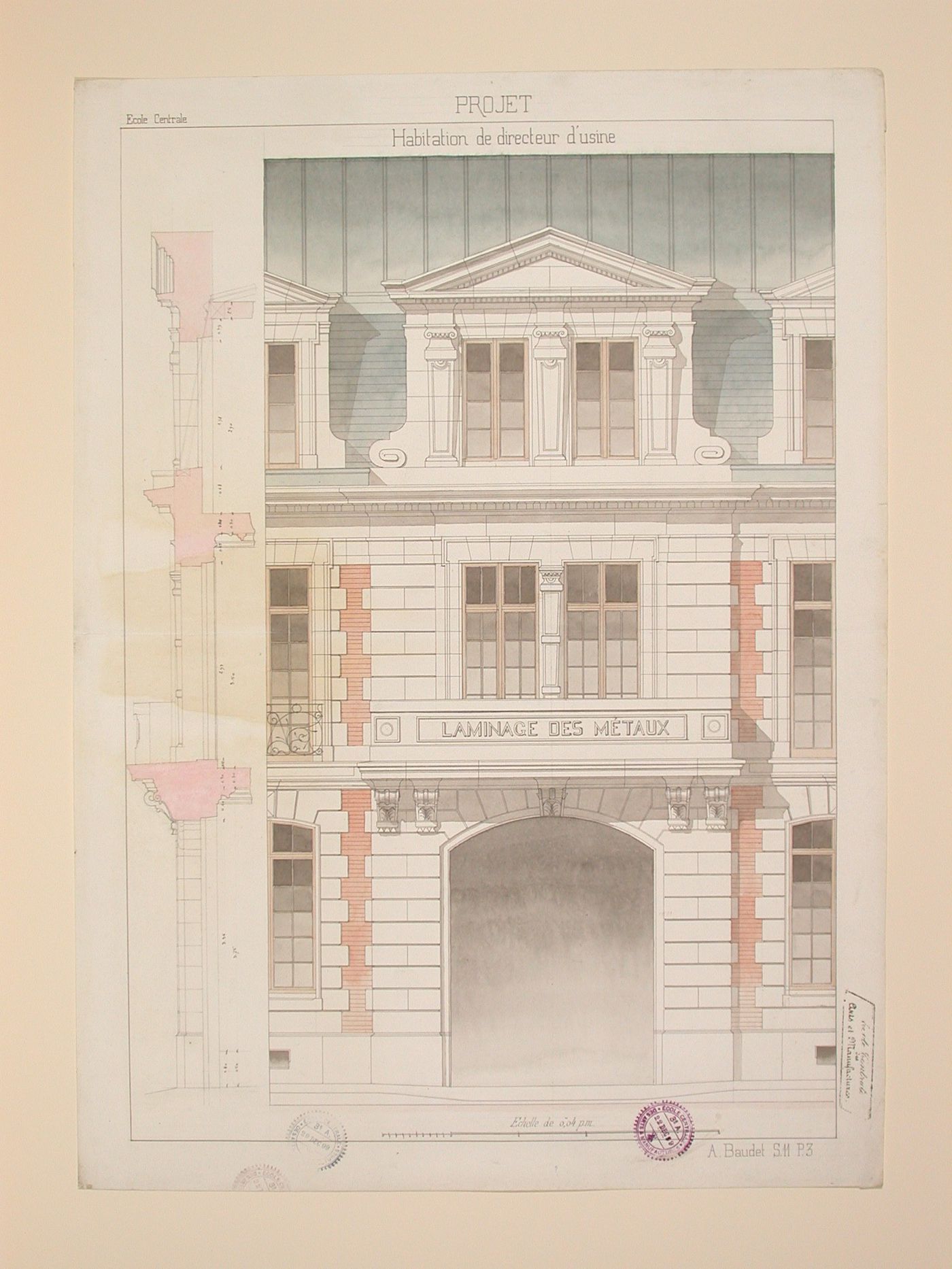Student engineering project: elevation and section for a project for a factory director's residence