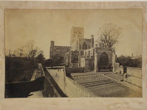 Rear view of St. Albans Cathedral from the south-east looking across a vegetable garden and showing the Lady Chapel, St. Albans, Hertfordshire, England
