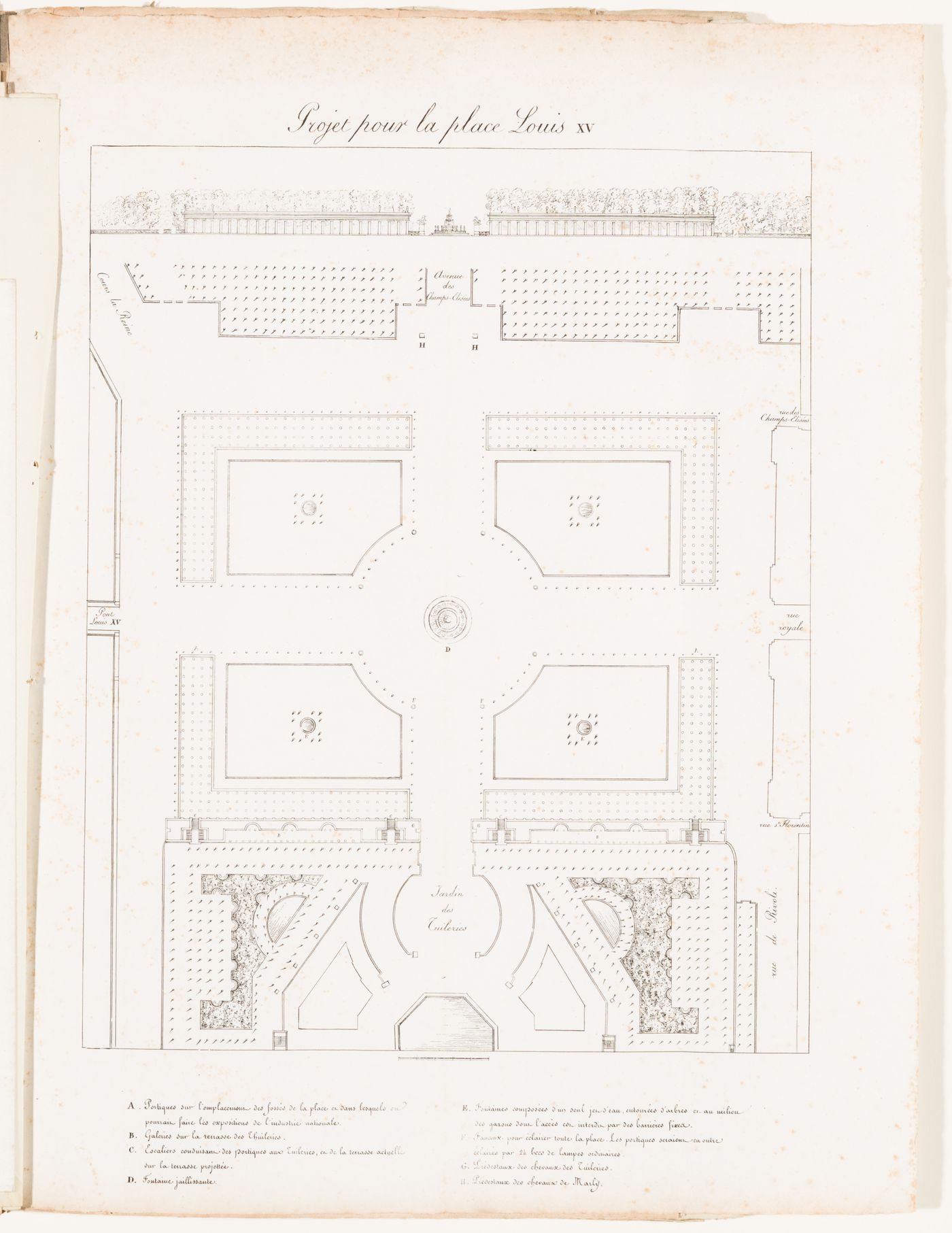 Plan and elevation for place Louis XV with five fountains, freestanding colonnades and loggias