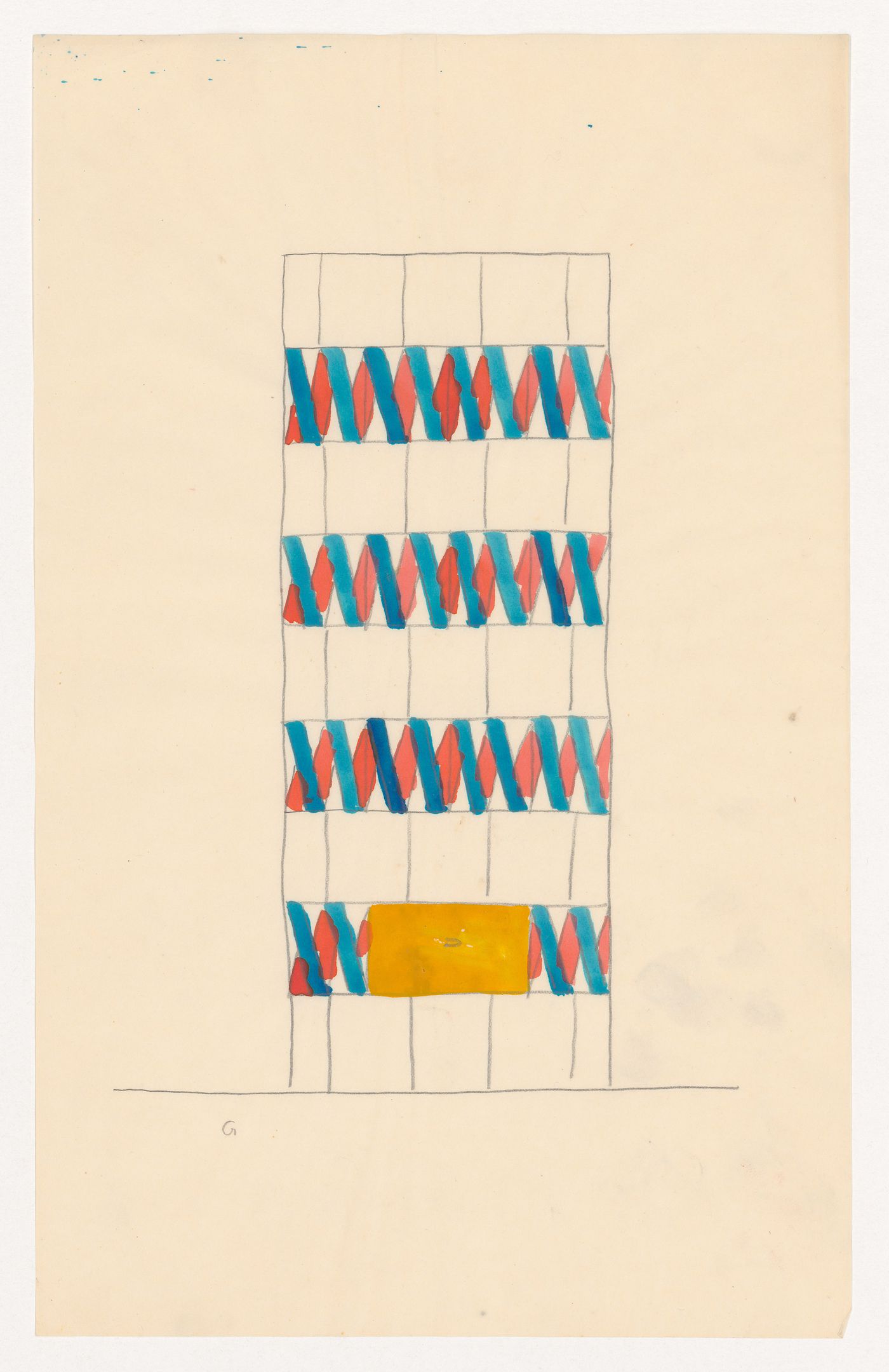 Design for a tiled stove decorated with a blue and red geometric pattern