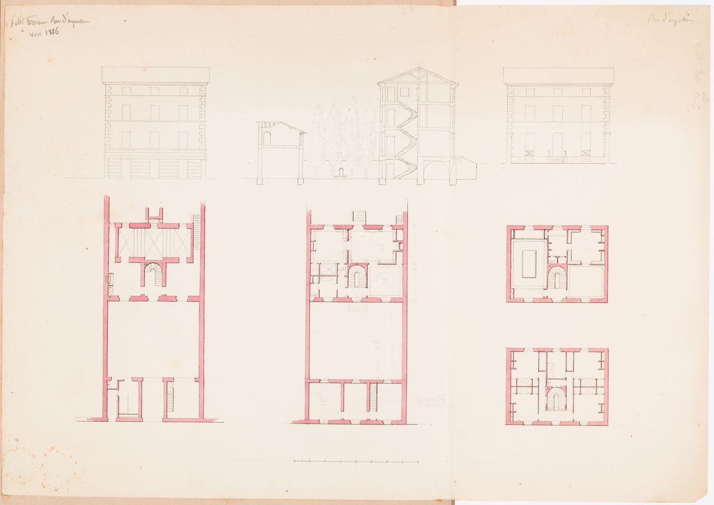 Section, plans and elevations for a house on rue d'Aguesseau, Paris