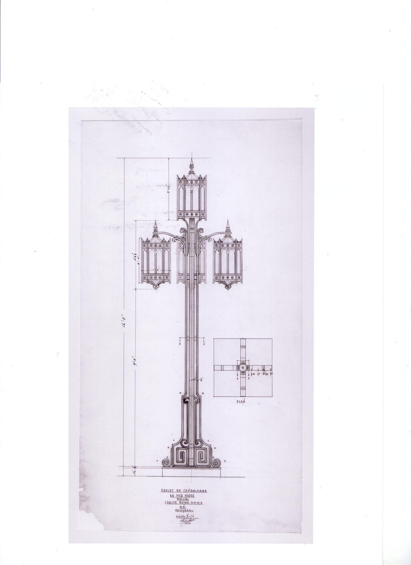 Plan and elevation for a wrought iron lamppost for Notre-Dame de Montréal