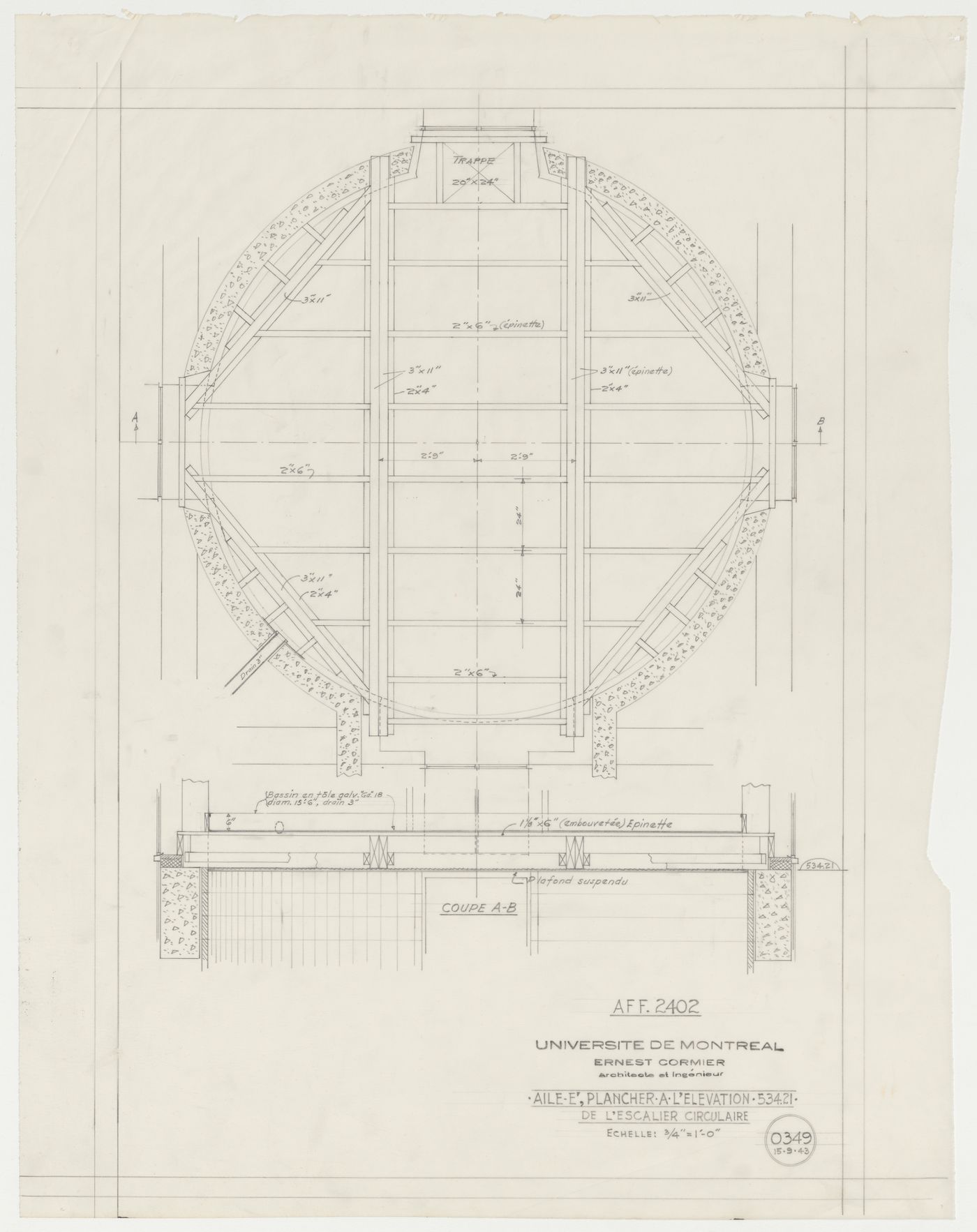 Plancher à l'élévation de l'escalier circulaire, Pavillon principal et campus, Université de Montréal, Montréal, Canada (1924-1947)